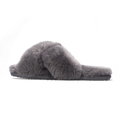 Women's Sheepskin Slippers Grey Warm Winter Fur Crossover - Snowbelle