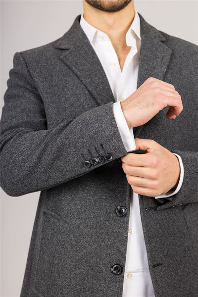 Men's Notched Lapel Collar Wool Blend Grey Overcoat