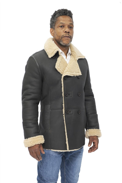 Mens Double Breasted Shearling Sheepskin Pea Coat-Kington