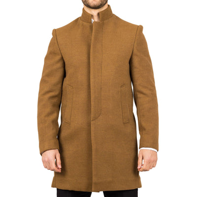 Men's Tan Stand Collar Wool Blend Overcoat