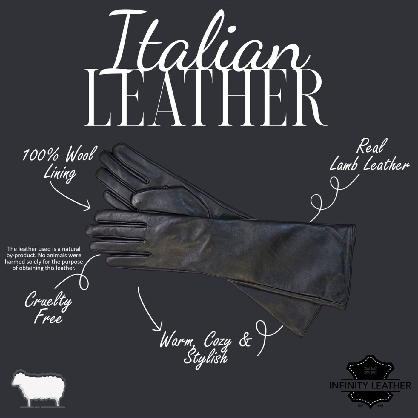 Womens Long Italian Leather Winter Soft Wool Lining Gloves