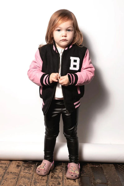 Kids Varsity Black & Pink Bomber Jacket with Real Leather Sleeves 3-13 yrs