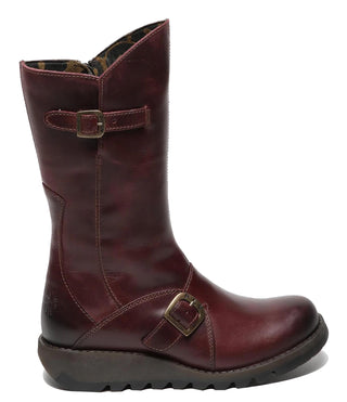 Fly London Womens Wine MES 2 Wedge Heel Buckle Mid-Calf Leather Zip Platform Boots