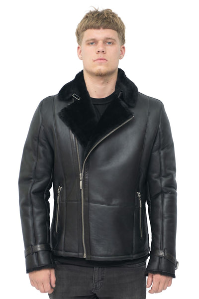 Mens Double Breasted Sheepskin Leather Biker Jacket-Heathfield