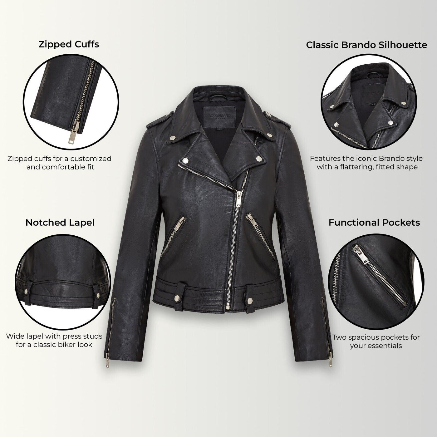 Womens Black Leather Brando Jacket - Chennai