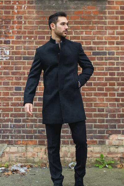 Men's Black Stand Collar Wool Blend Overcoat