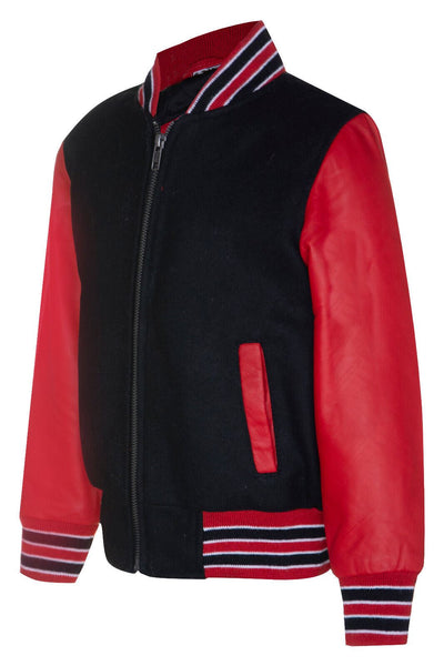Kids Varsity Black & Red Bomber Jacket with Real Leather Sleeves 3-13 yrs