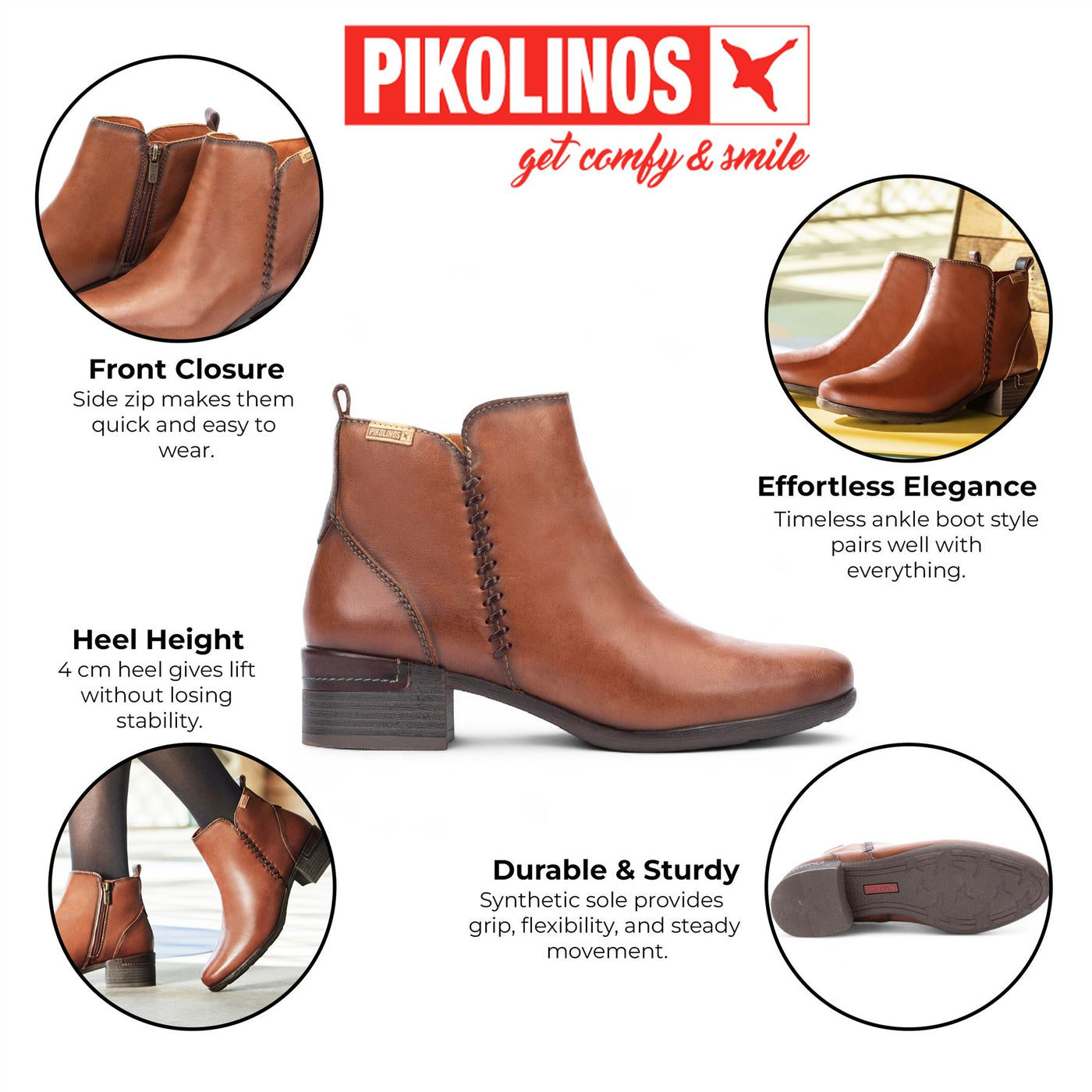 Women's Pikolinos Malaga Cuero Brown Leather Ankle Bootie Zip Mid-Heel Everyday Boots