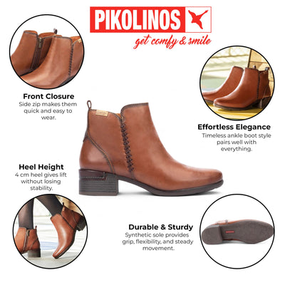 Women's Pikolinos Malaga Cuero Brown Leather Ankle Bootie Zip Mid-Heel Everyday Boots