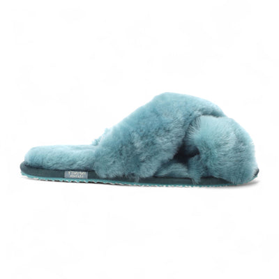 Women's Sheepskin Slippers Teal Warm Winter Fur Crossover - Snowbelle