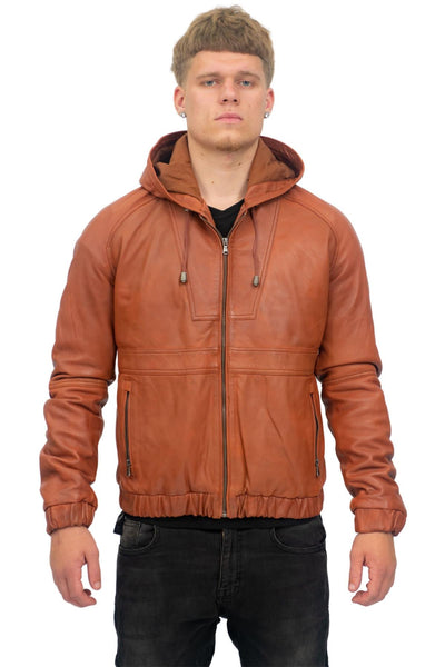 Men’s Casual Leather Hooded Bomber Jacket-Odesa