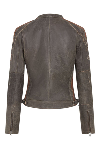 Womens Leather Biker Racing Badges Jacket-Agadir