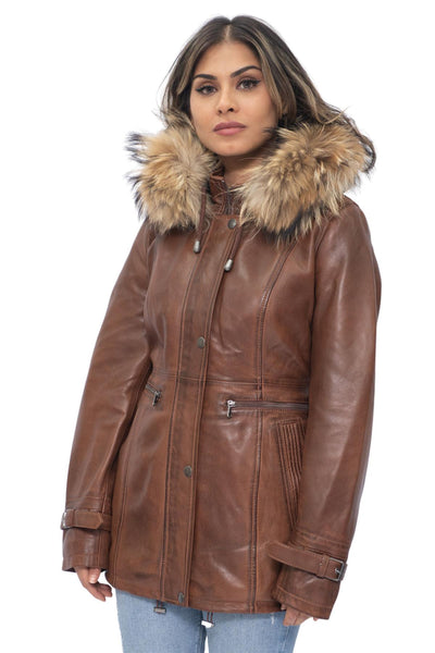 Womens Leather Hooded Parka Jacket-Putian