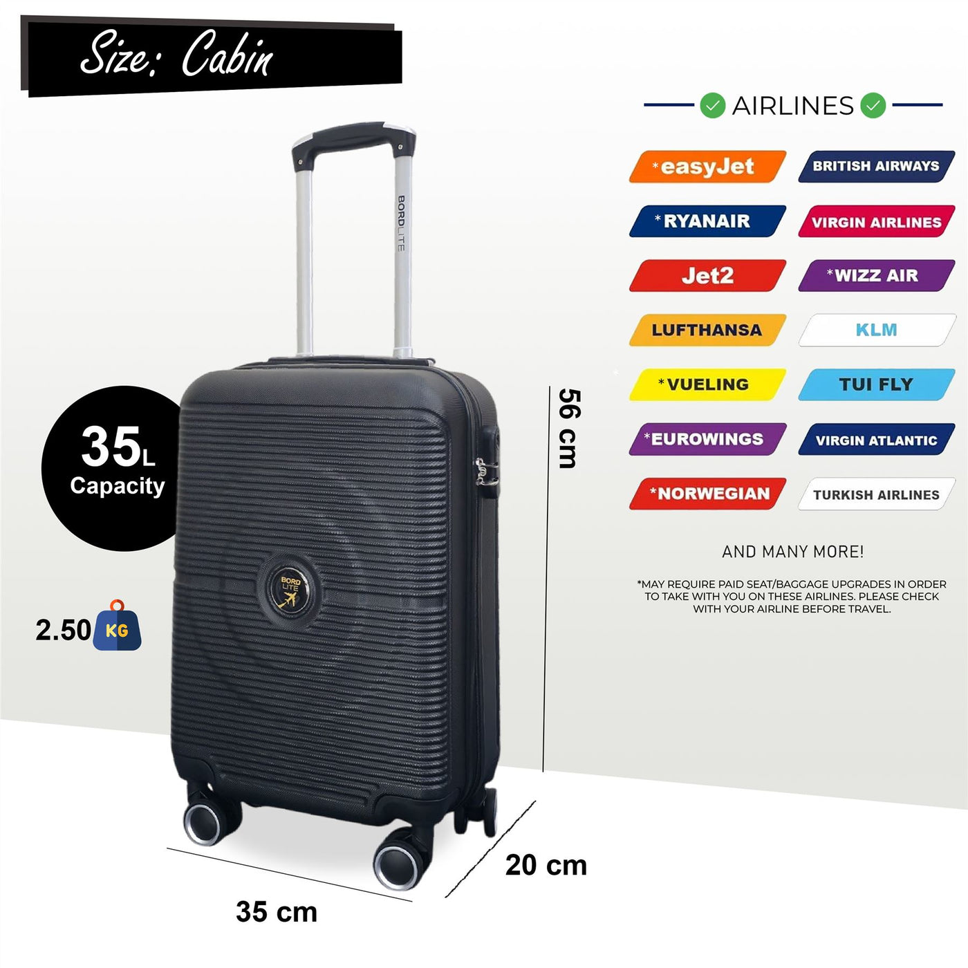 Hard Shell ABS Cabin Suitcase 56 x 35 x 20 cm Luggage Suitable for Easyjet, Ryanair