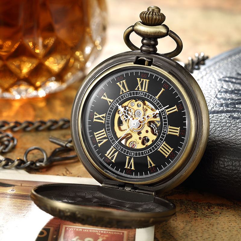 Vinatage Bronze Mechanical Alloy Skeleton Half Hunter Pocket Watch