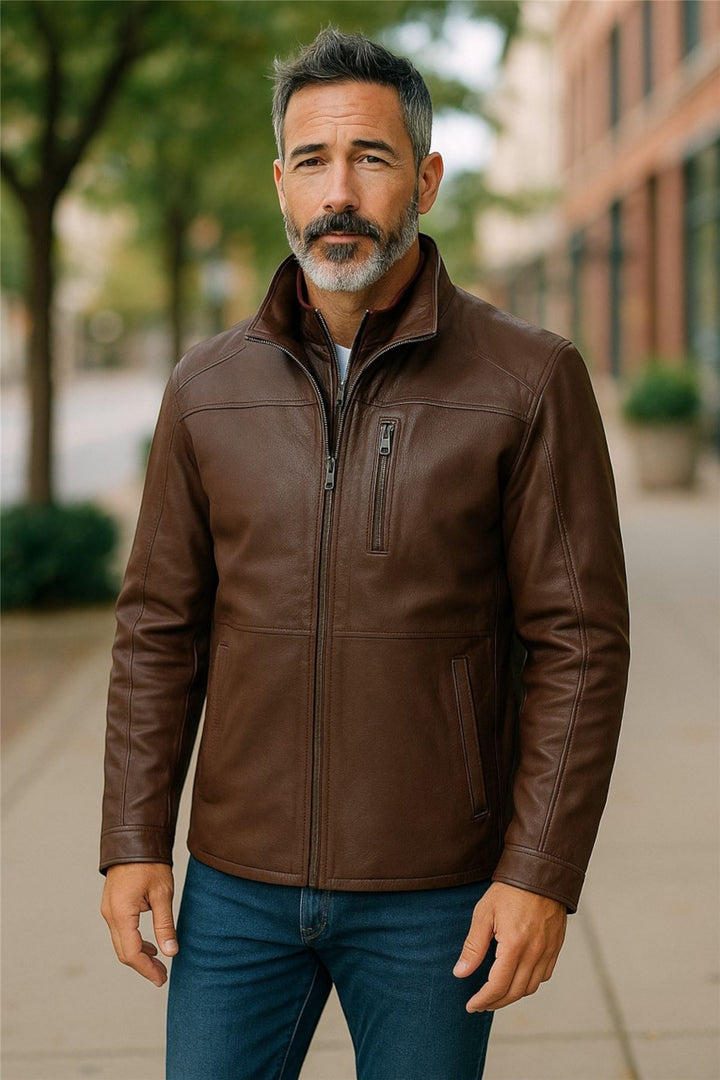ジャケット・アウター LEATHER MID LENGTH DAPPER COAT Mens Warm Mid-Length Leather Biker Coat - Sikander – Infinity Leather