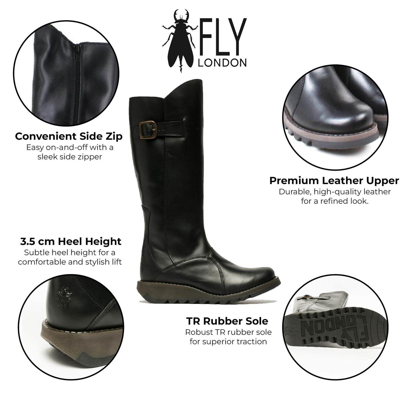 Fly London Womens Black MOL 2 Leather Wedge Heel Knee High Zip Up Boots