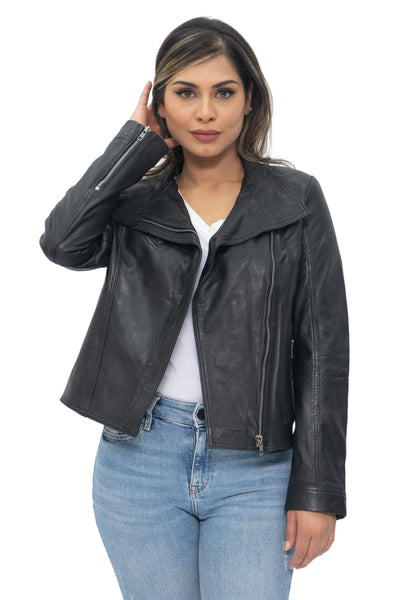 Womens Leather Shawl Wrap Biker Jacket - Riga