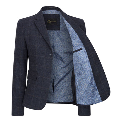Women's Navy Blue Tailored Fit Tweed Formal Blazer