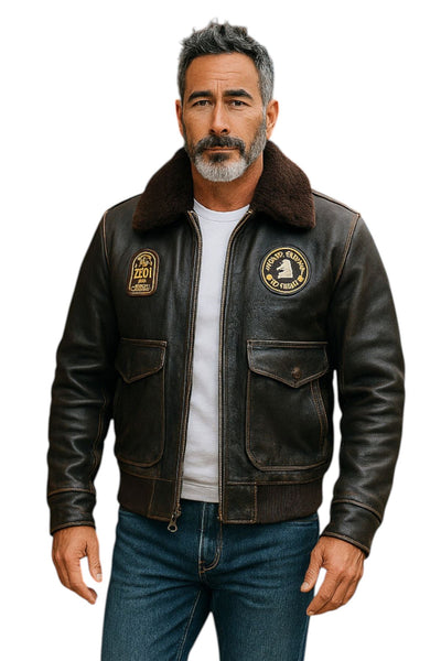 Men's Leather Bomber Sheepskin Collar G-1 Aviator Jacket - Linear
