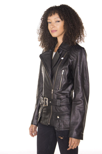 Womens Long Leather Biker Jacket-Quito