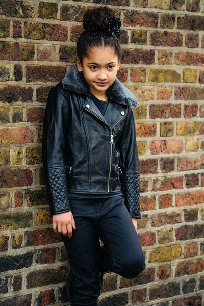 Kids Jackets Girls 100% Leather Detachable Collar Biker Jackets (3-13 Years)