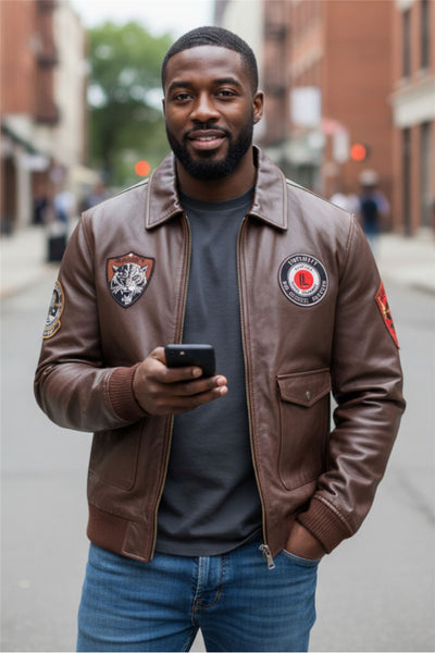 Men’s Leather Bomber G-1 Aviator Collar Jacket  - Maverick