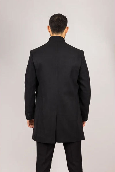 Men's Black Stand Collar Wool Blend Overcoat