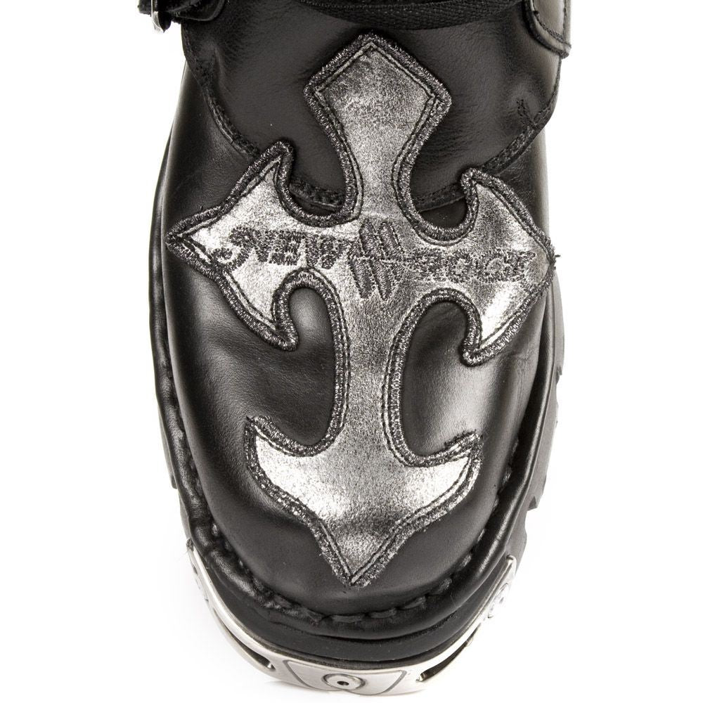 New Rock Silver Cross Black Leather Biker Boots-407-S1 – Infinity