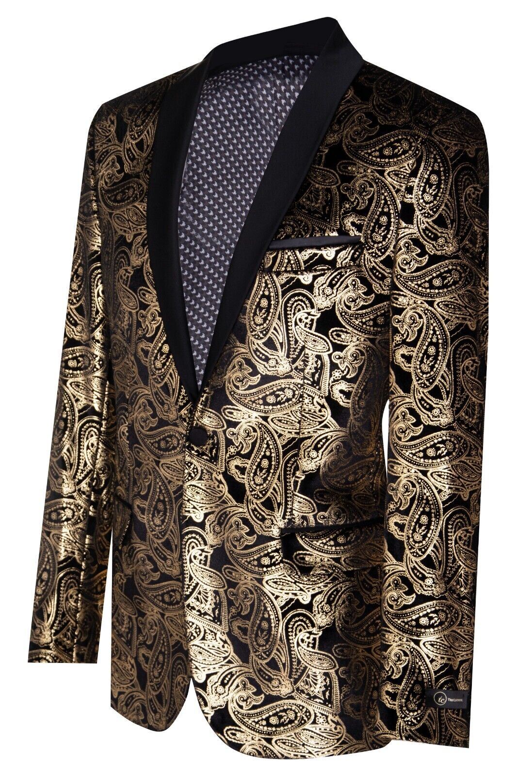 Mens Classic Gold Paisley Black Velvet Tuxedo Dinner Jacket Tailored Fit Blazer