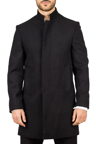 Men's Black Stand Collar Wool Blend Overcoat