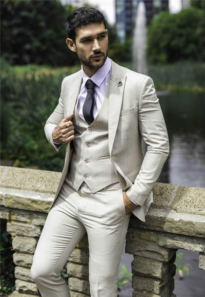 Men's Cream 3-Piece Tailored Fit Formal Wedding Peak Lapel Suit