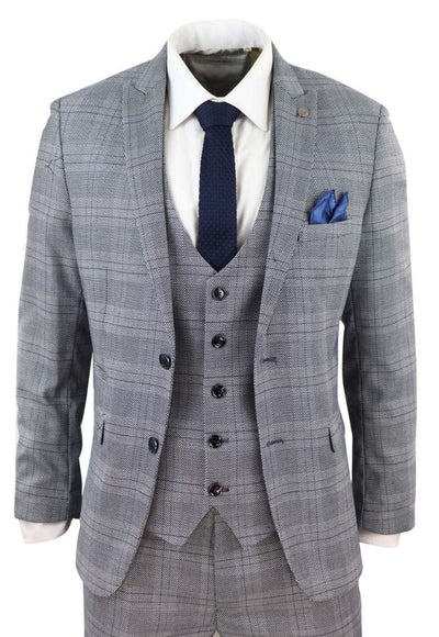 Mens 3 Piece Grey Birdseye Check Classic Suit