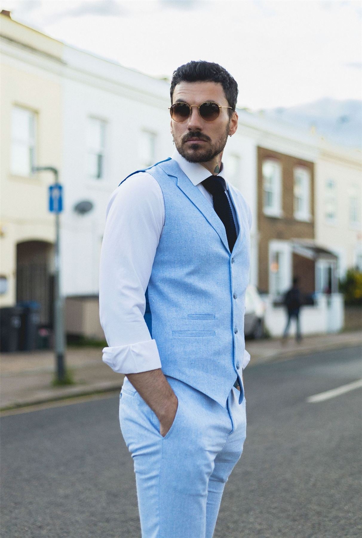 Men's Summer 2 Piece Suit Linen Formal Light Blue Waistcoat Trousers