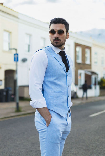 Men's Summer 2 Piece Suit Linen Formal Light Blue Waistcoat Trousers