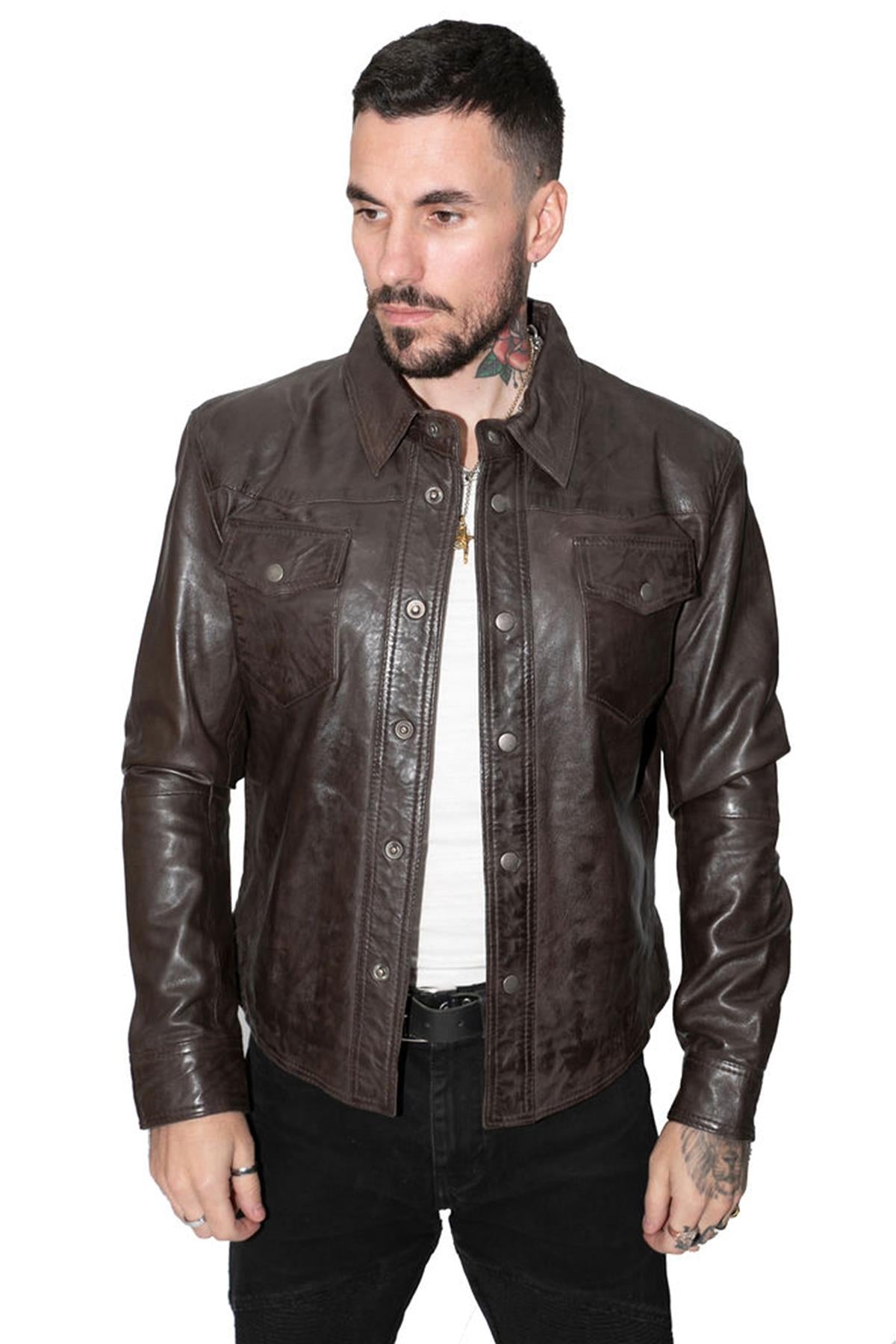 Mens Retro Leather Shirt Jeans Jacket-Beijing