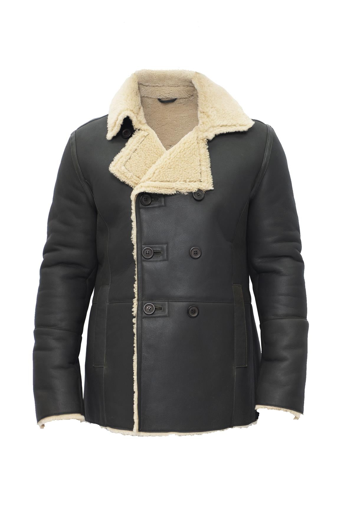 Mens Double Breasted Shearling Sheepskin Pea Coat-Kington