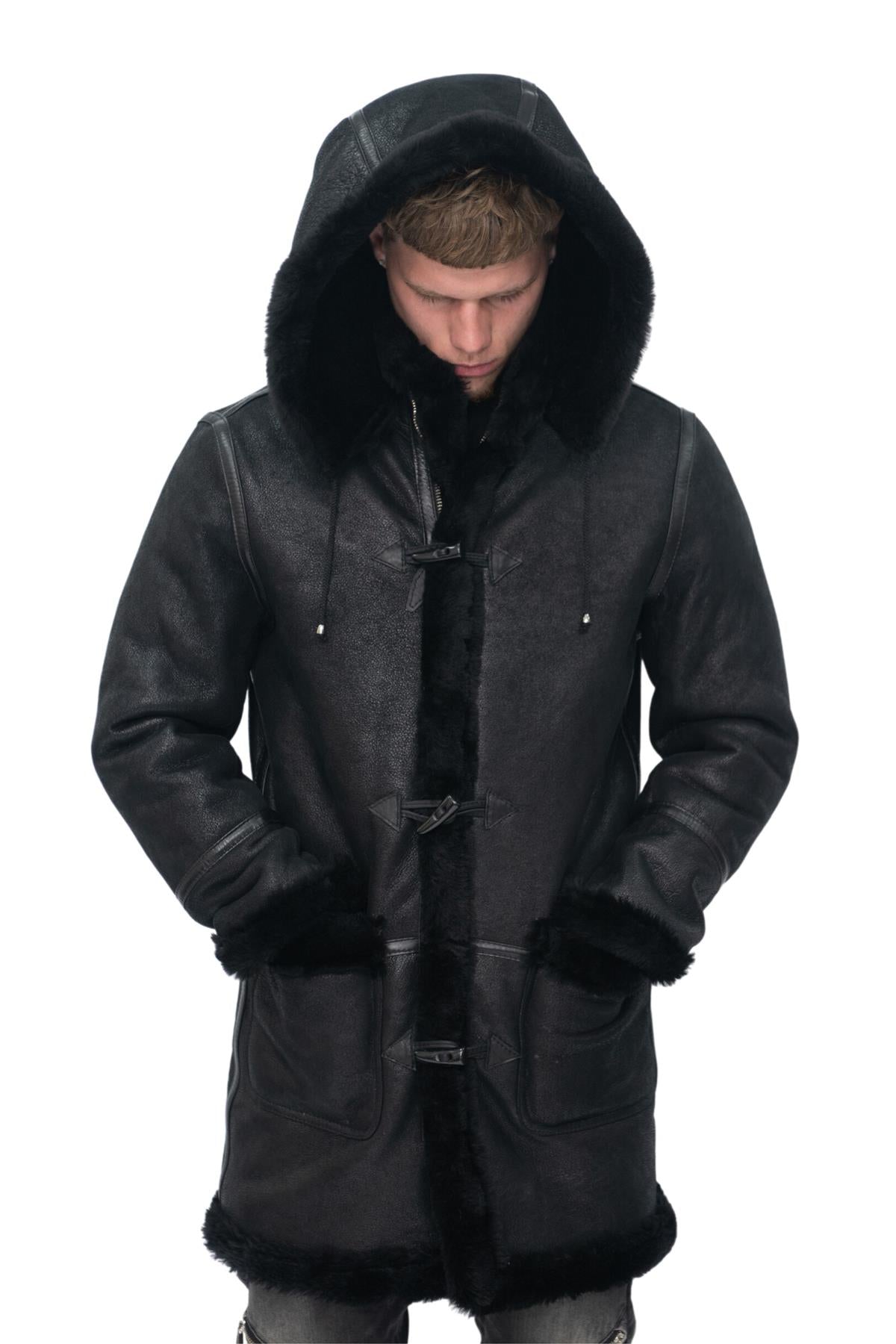 Mens Winter Sheepskin Hooded Duffle Coat-Isleworth