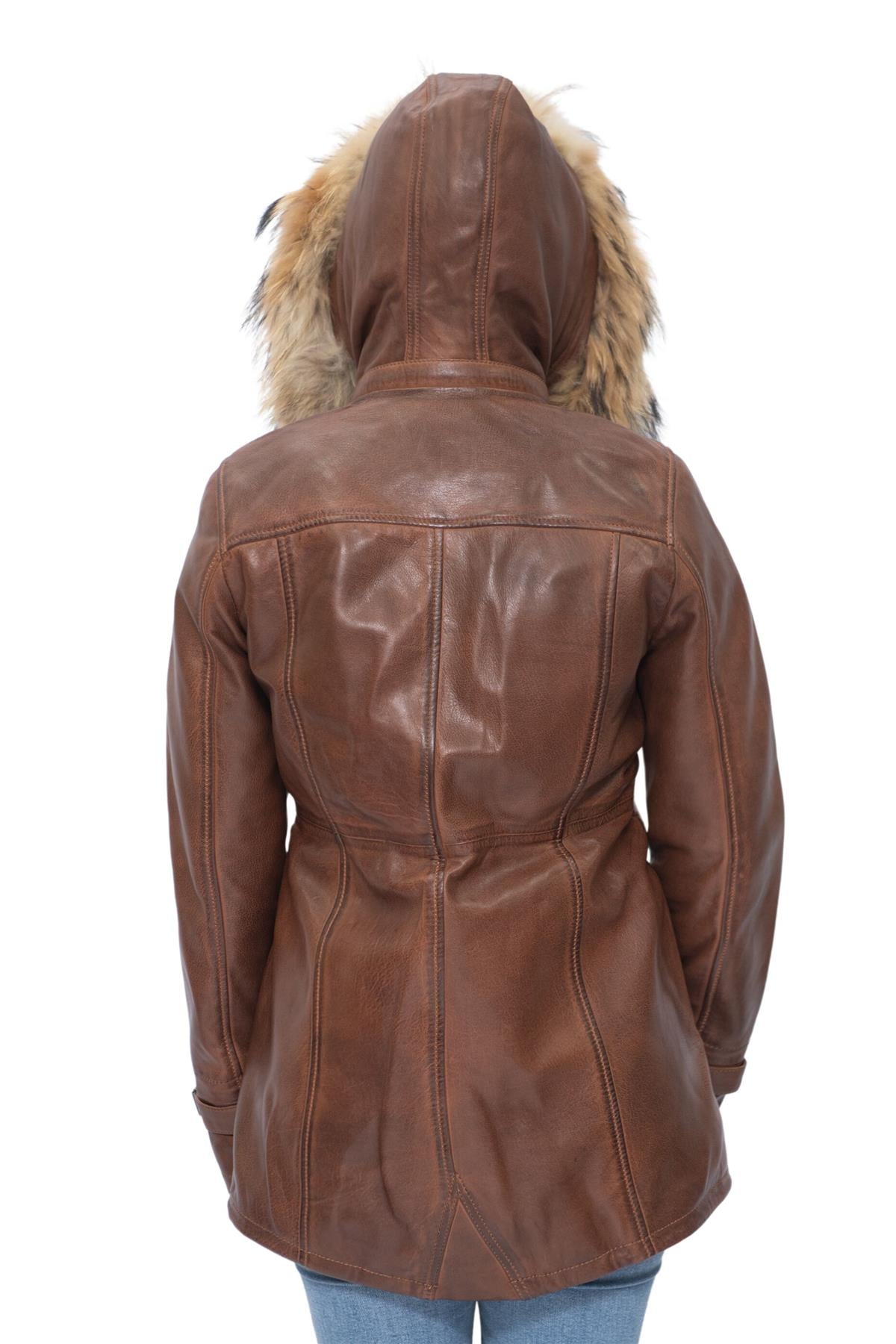 Womens Leather Hooded Parka Jacket-Putian