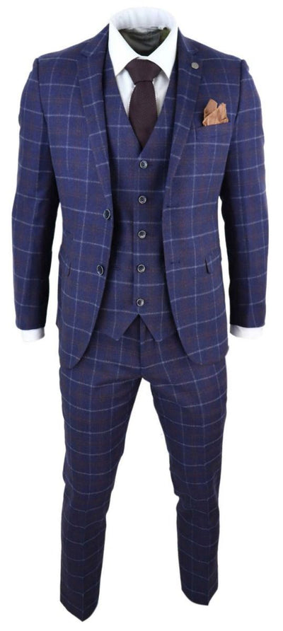 Mens 3 Piece Navy Blue Wool Check Retro Suit