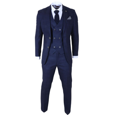 Men's Blue Plaid Check 3 Piece Slim Fit Formal Wedding Suit