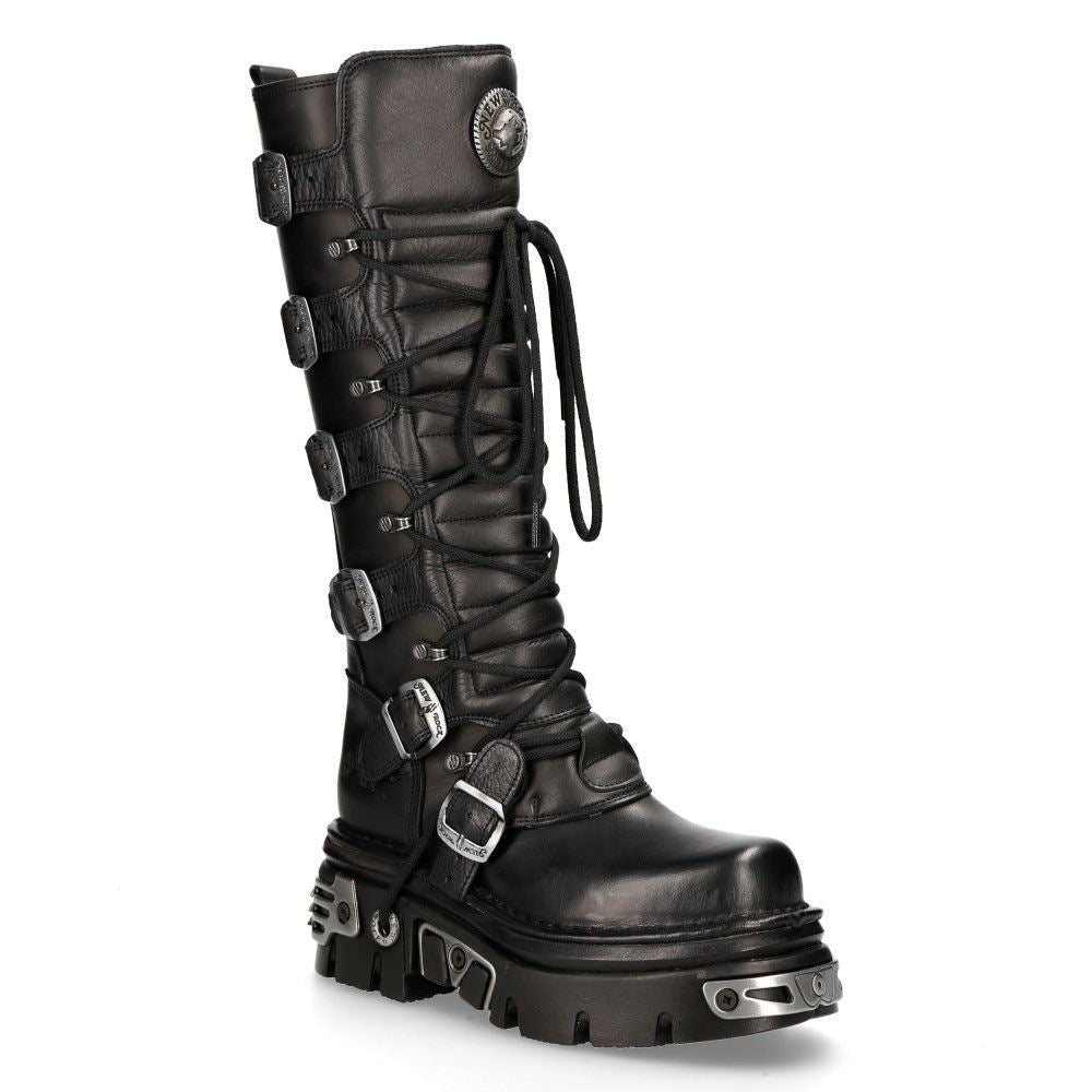 New Rock Knee High Black Leather Gothic Boots-272-S1