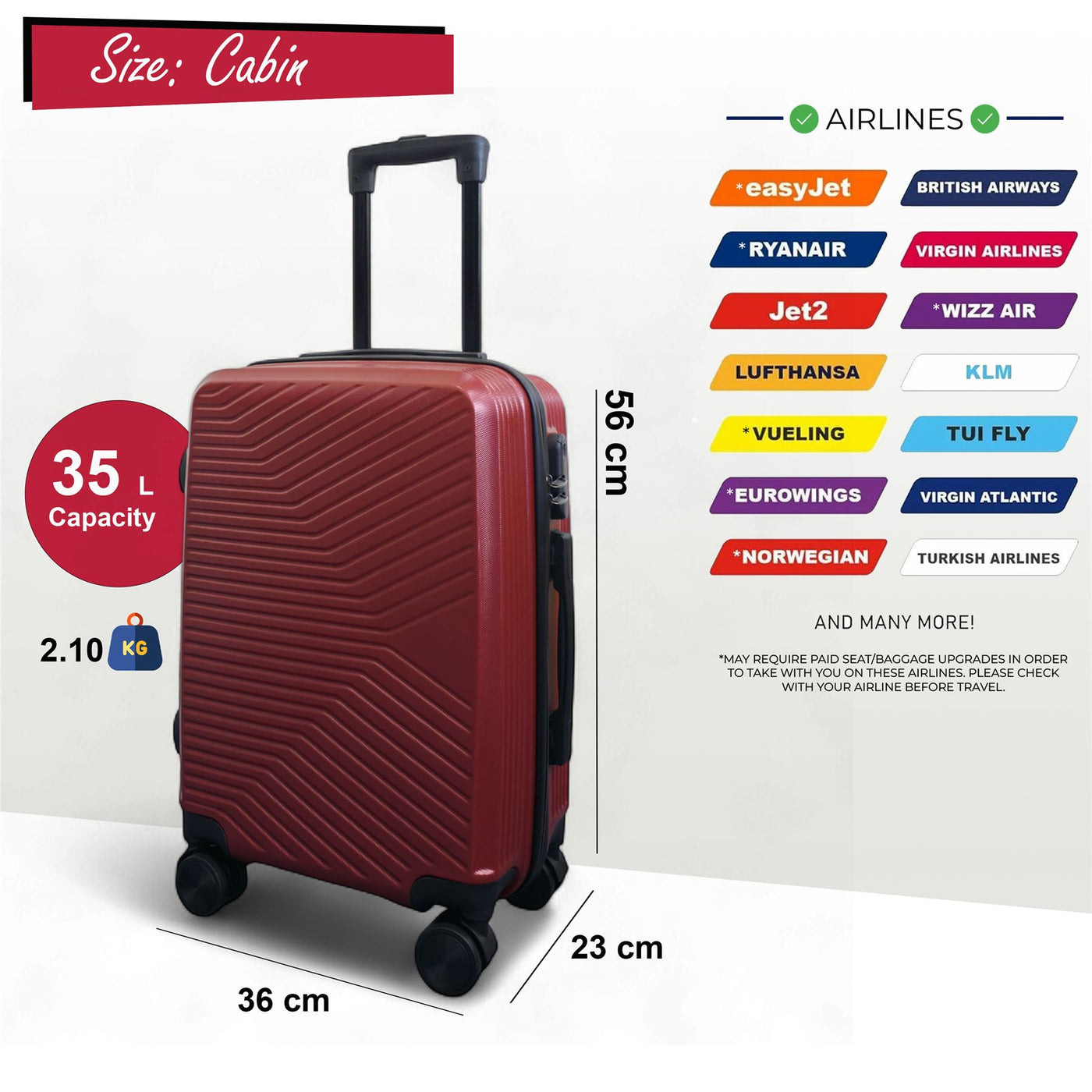 Hard Shell Cabin  48 x 37 x 20 cm Luggage Suitcase Suitable for Easyjet, Ryanair