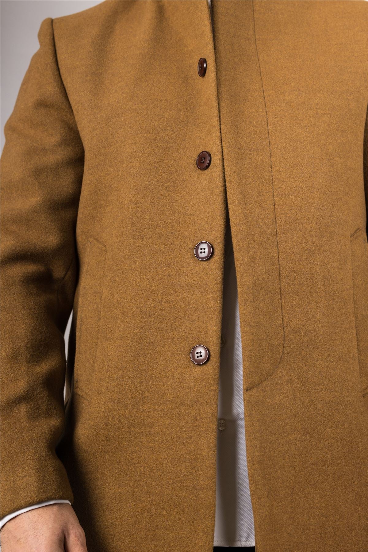 Men's Tan Stand Collar Wool Blend Overcoat