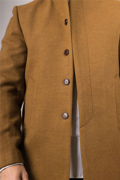 Men's Tan Stand Collar Wool Blend Overcoat