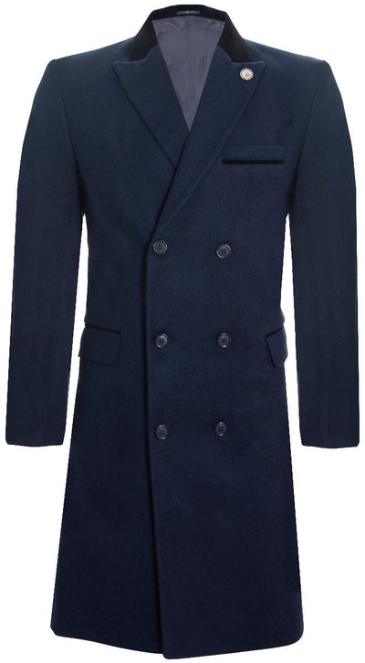 Mens 3/4 Long Double Breasted Navy Crombie Overcoat Wool Coat Peaky Blinders