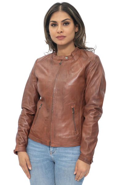 Womens Tan Leather Biker Jacket-Prague