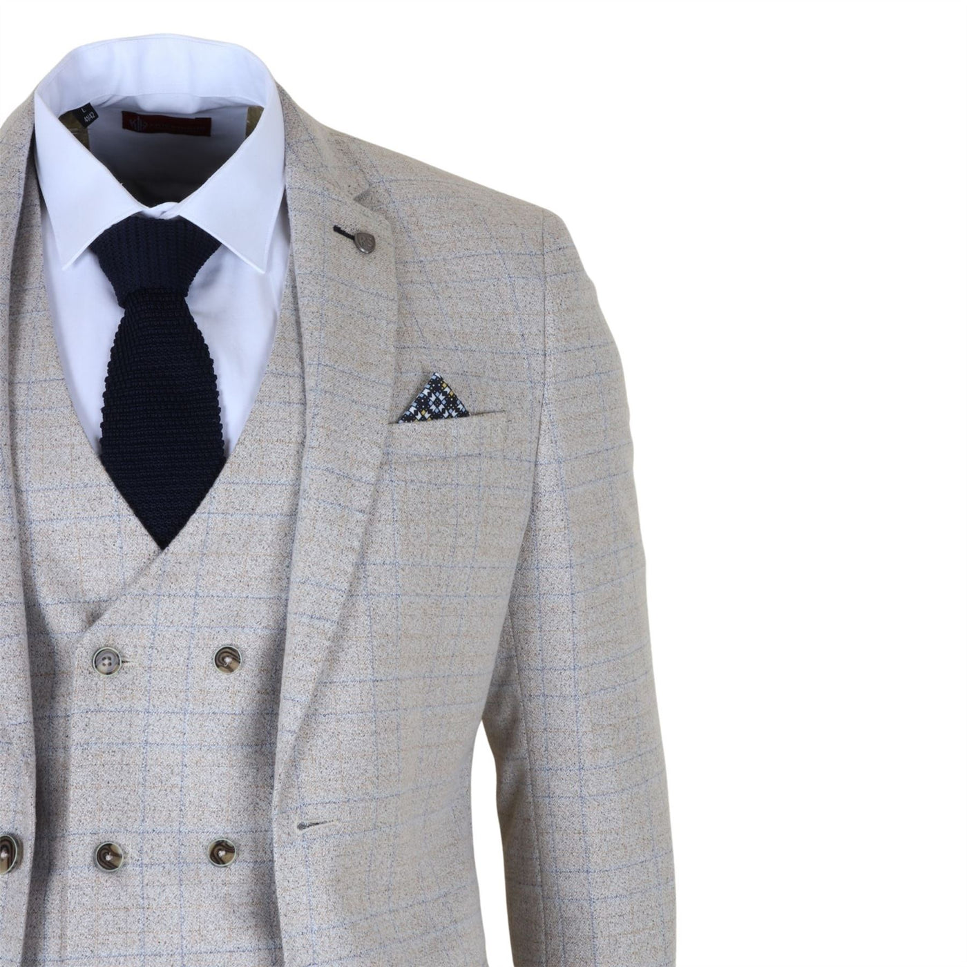Men's Cream Plaid Check 3 Piece Slim Fit Formal Wedding Suit