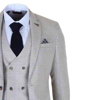 Men's Cream Plaid Check 3 Piece Slim Fit Formal Wedding Suit