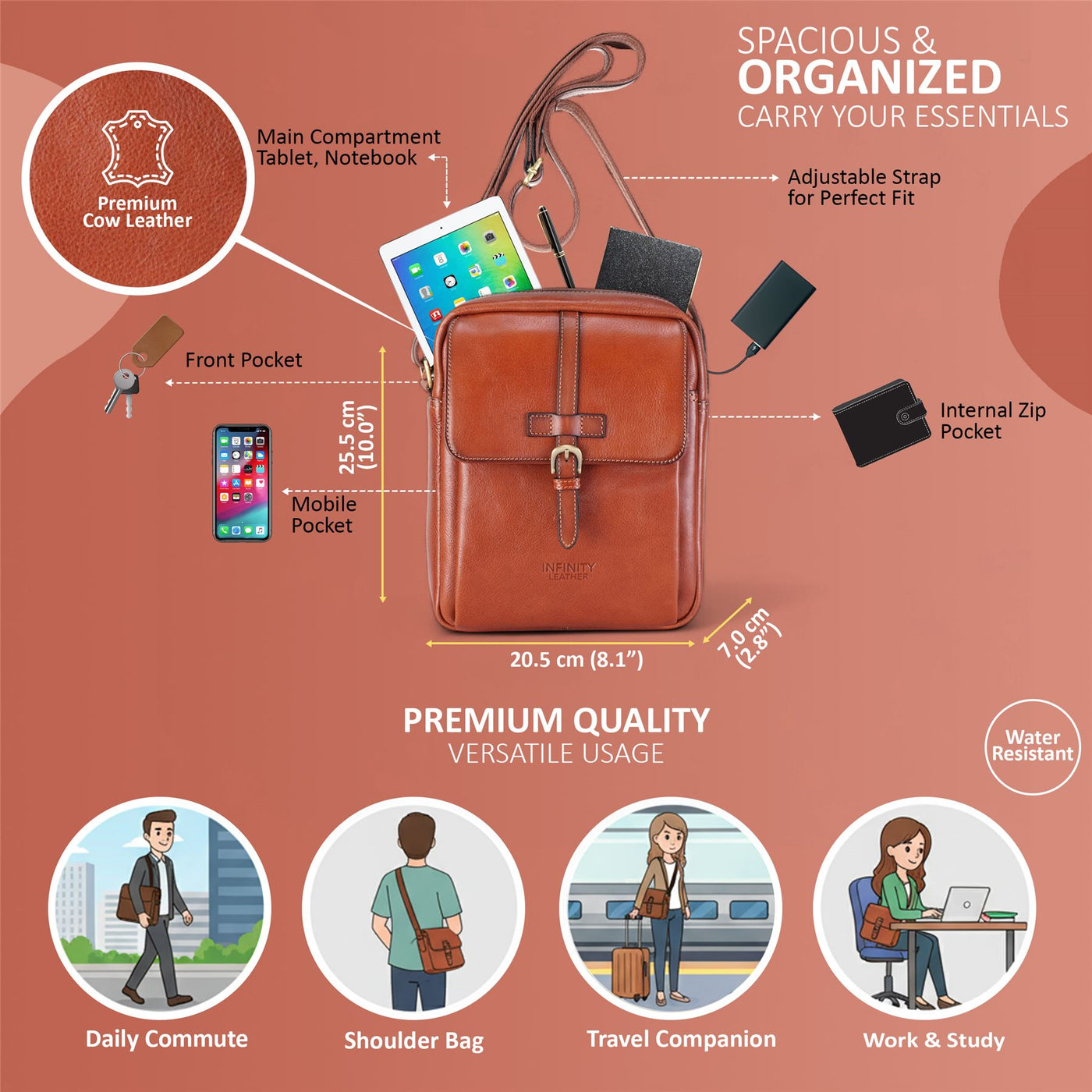 Genuine Leather Vintage Crossbody Messenger Travel Bag - Ashby